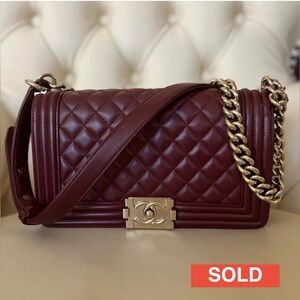 ‼️SOLD‼️Chanel Boy Medium Burgundy Red Quilted Lambskin Leather Bag